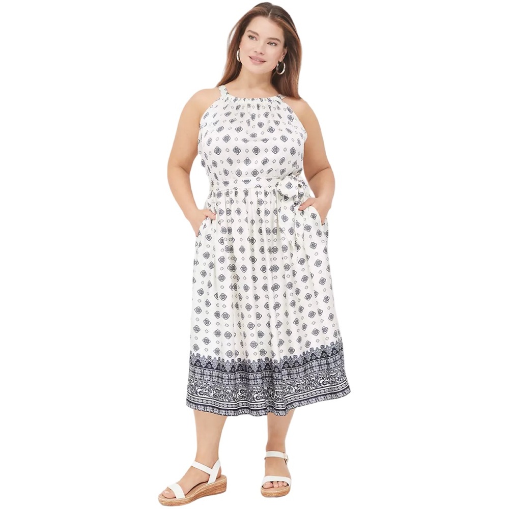 Lane Bryant Women Satin Halter Neck Midi Dress Navy Cream Sz 30/32‎ Summer Party